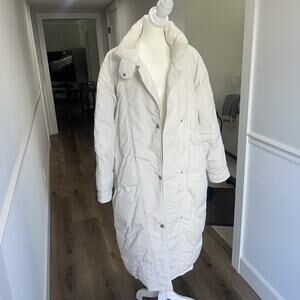 BOGNER Long Down Jacket Women Sz 12 Large Winter White Mock Neck No Hood VTG